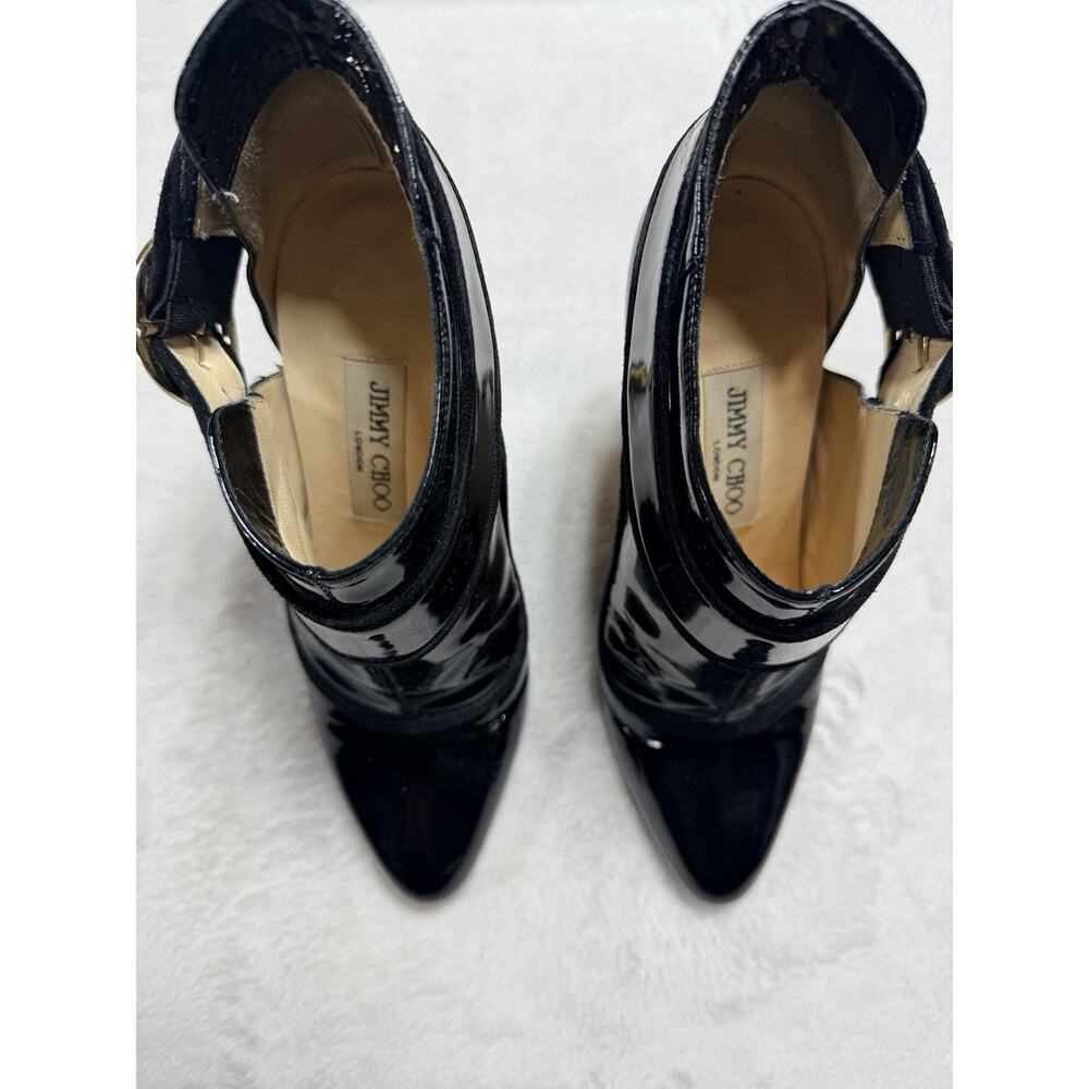 Jimmy Choo Ankle Boots 37 Black Patent Leather Cutout Gold Buckle Stiletto Italy - Picture 4 of 13